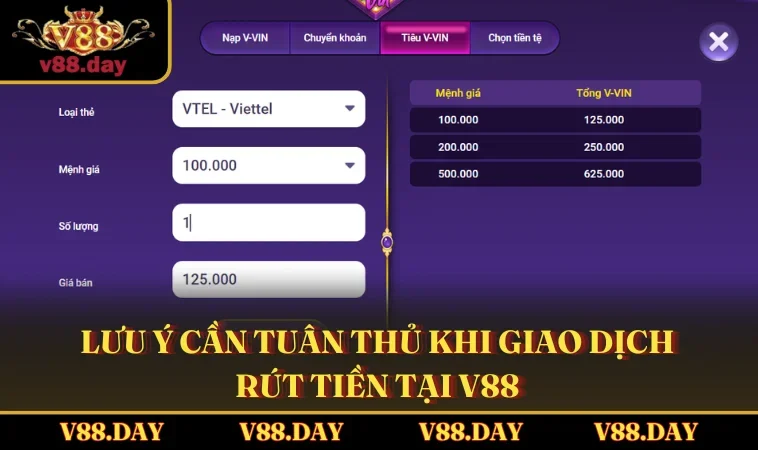 Lưu ý cần tuân thủ khi giao dịch rút tiền tại V88